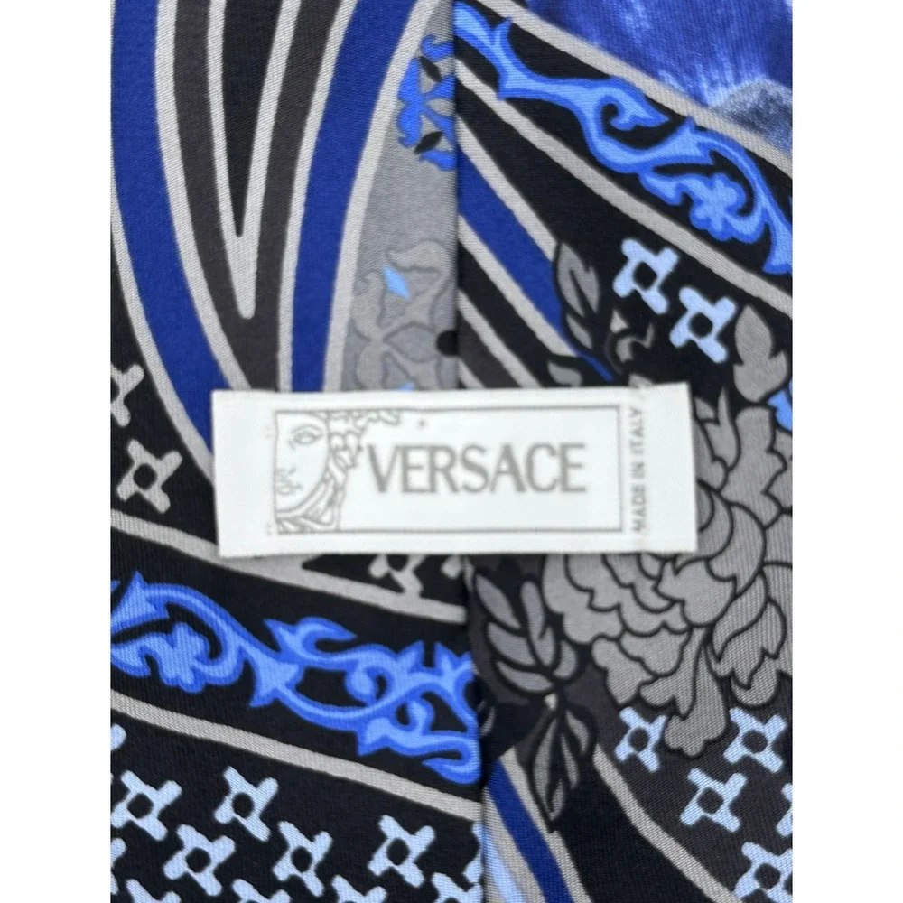Versace Mens 100% Silk Tie Blue Black Floral Geometric Designer Necktie 60